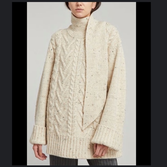 GANNI Beige Ivory Speckled Cable Knit Scarf Sweater Size S/M - Picture 4 of 13